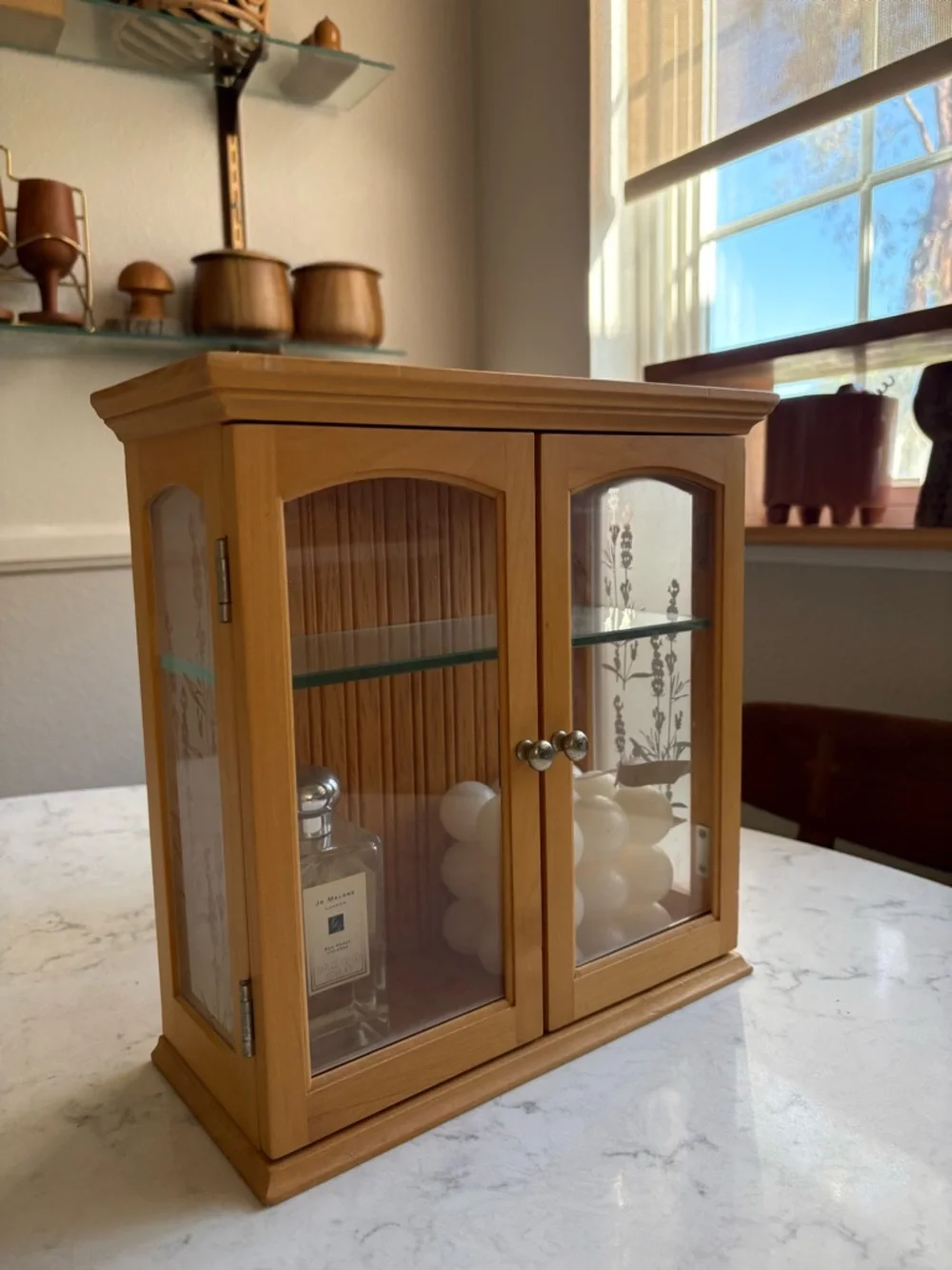 Wood Vintage Mini Curio Dispkay with Glass Shelf - Natural Brown